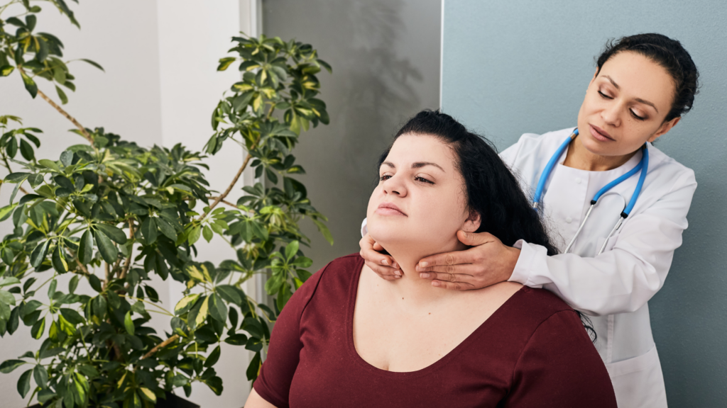A person with hypothyroidism experiencing weight gain, fatigue, and dry skin, highlighting the physical symptoms of the condition