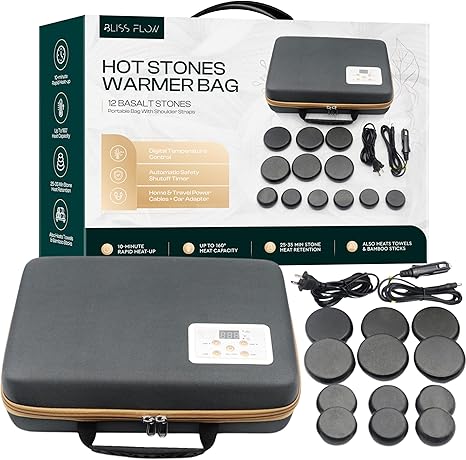 BlissFlow Hot Stones Massage Set with Portable Warmer