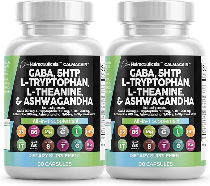 Clean Nutraceuticals GABA 750mg, 5 HTP 200mg, L-Tryptophan 500mg, L-Theanine