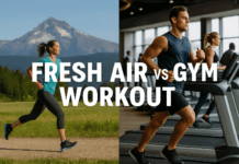 woman running outdoors vs man on treadmill in gym – fresh air vs gym workout concept
