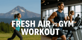 woman running outdoors vs man on treadmill in gym – fresh air vs gym workout concept