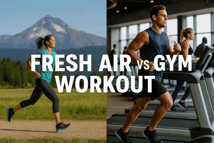 woman running outdoors vs man on treadmill in gym – fresh air vs gym workout concept