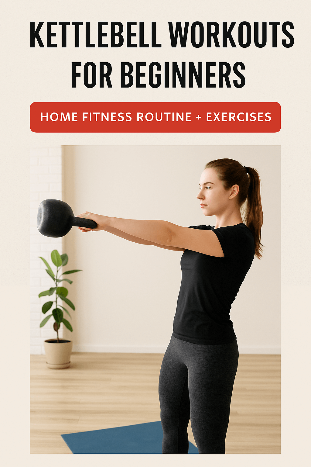 Woman doing kettlebell swing in home workout for beginners
