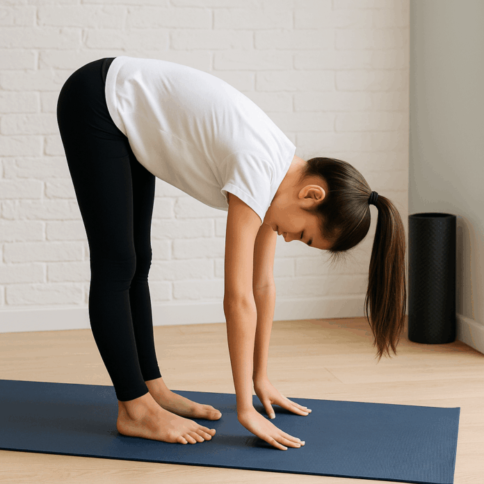 Teen girl doing a forward fold stretch on a yoga mat before the SAT exam
