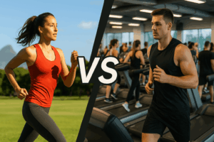 woman running outdoors vs man on treadmill in gym – fresh air vs gym workout concept