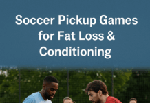 Four people playing a soccer pickup game to improve conditioning and lose fat