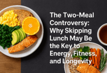 A top-down view of a healthy breakfast and dinner with salmon, greens, avocado, and text overlay reading “The Two-Meal Controversy: Why Skipping Lunch May Be the Key to Energy, Fitness, and Longevity”.