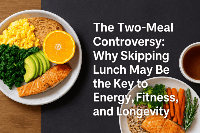 A top-down view of a healthy breakfast and dinner with salmon, greens, avocado, and text overlay reading “The Two-Meal Controversy: Why Skipping Lunch May Be the Key to Energy, Fitness, and Longevity”.