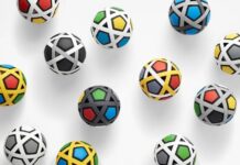 Flatpack soccer ball made from 54 interlocking parts by Nendo and Molten