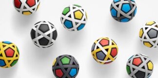 Flatpack soccer ball made from 54 interlocking parts by Nendo and Molten