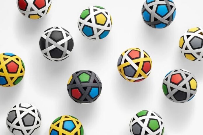 Flatpack soccer ball made from 54 interlocking parts by Nendo and Molten