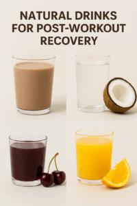 Natural post-workout recovery drinks including chocolate milk, coconut water, cherry juice, and orange juice
