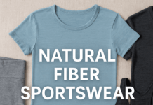 Flat lay of organic cotton leggings, merino wool T-shirts, and a sports bra on a beige background with text "Natural Fiber Sportswear"