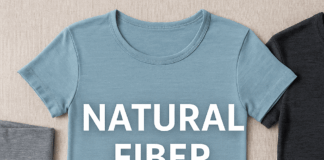 Flat lay of organic cotton leggings, merino wool T-shirts, and a sports bra on a beige background with text "Natural Fiber Sportswear"