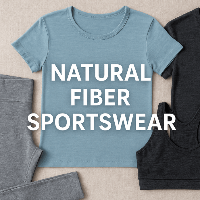 Flat lay of organic cotton leggings, merino wool T-shirts, and a sports bra on a beige background with text "Natural Fiber Sportswear"