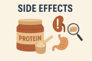 Illustration showing side effects of protein powder with icons for kidneys, digestion, and cheese origin concerns.