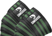 DMoose knee wraps for weightlifting with 78-inch elastic straps and industrial Velcro, providing knee protection and stability for squats, CrossFit, and heavy lifts.