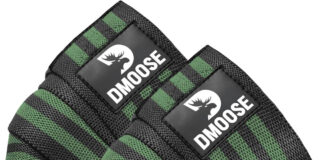 DMoose knee wraps for weightlifting with 78-inch elastic straps and industrial Velcro, providing knee protection and stability for squats, CrossFit, and heavy lifts.