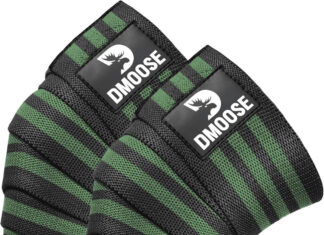 DMoose knee wraps for weightlifting with 78-inch elastic straps and industrial Velcro, providing knee protection and stability for squats, CrossFit, and heavy lifts.