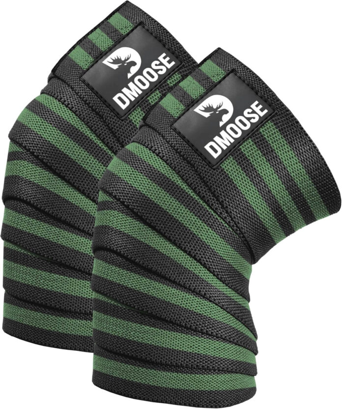 dmoose-knee-wraps-weightlifting.jpg DMoose knee wraps for weightlifting with 78-inch elastic straps and industrial Velcro, providing knee protection and stability for squats, CrossFit, and heavy lifts.