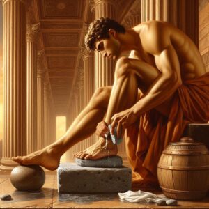 Roman athlete scrubbing heel with pumice stone for foot care