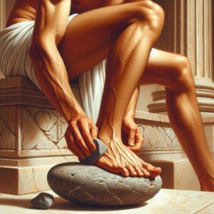 Roman man exfoliating foot heel with pumice stone in ancient bathhouse