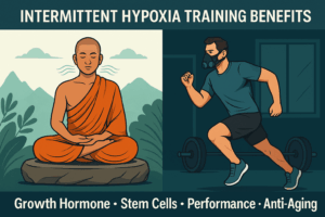 Intermittent hypoxia training benefits illustrated with a yogi practicing pranayama breathing on one side and a modern athlete running with an altitude mask on the other.