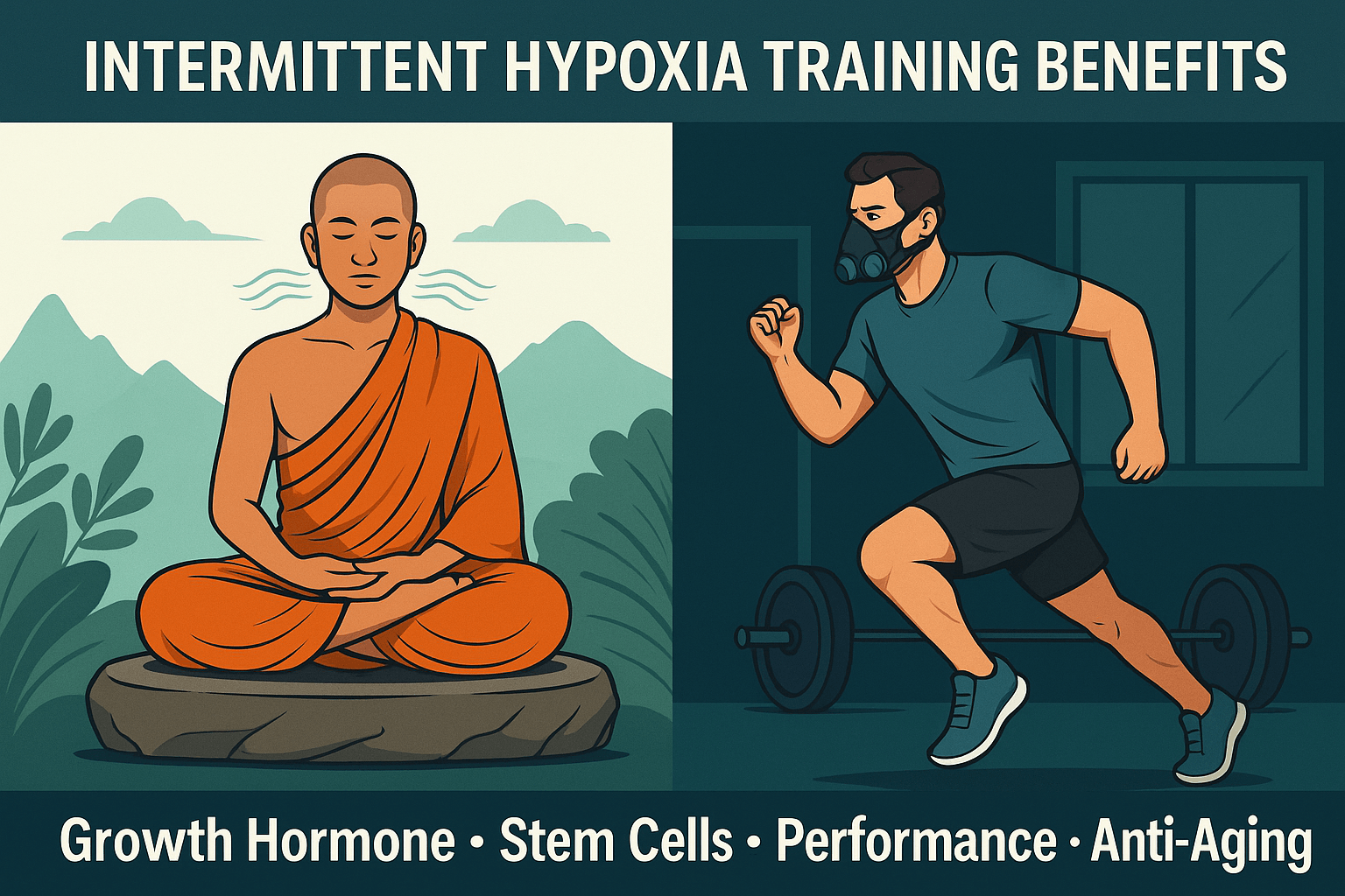 Intermittent hypoxia training benefits illustrated with a yogi practicing pranayama breathing on one side and a modern athlete running with an altitude mask on the other.