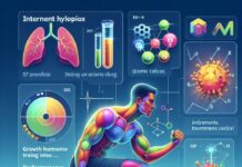 Intermittent hypoxia training benefits illustrated with a yogi practicing pranayama breathing on one side and a modern athlete running with an altitude mask on the other.