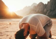 Forehead grounding on unglazed clay turbah during prostration