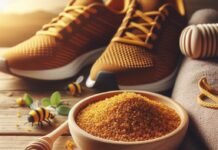 Raw bee pollen granules in a wooden bowl beside running shoes — natural pre-workout for athletes.