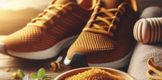 Raw bee pollen granules in a wooden bowl beside running shoes — natural pre-workout for athletes.