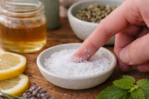 Applying salt with a finger as a traditional early cold sore remedy