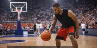 Basketball warm up routine before game showing player dribbling and preparing on court