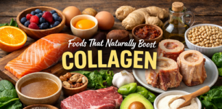 Foods that naturally boost collagen including salmon, bone broth, eggs, avocado, berries, and leafy greens