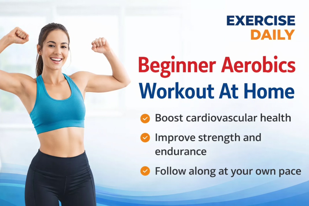 Beginner aerobics workout at home woman demonstrating cardio exercise routine