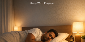 person sleeping on right side in calm bedroom aligned with qibla