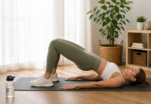 postpartum ab exercises at home woman doing glute bridge core workout