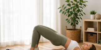 postpartum ab exercises at home woman doing glute bridge core workout