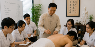 Affordable acupuncture and Traditional Chinese Medicine training clinic in Sunnyvale with interns observing acupuncture treatment