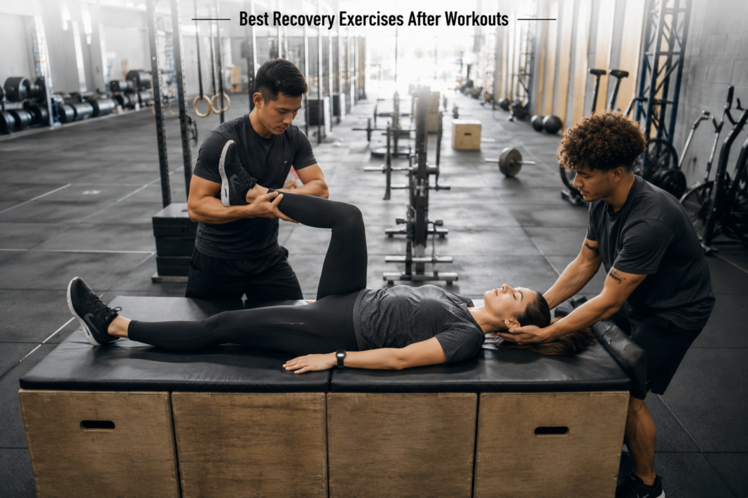 Fitness coaches helping an athlete perform recovery exercises after a workout in a professional gym.