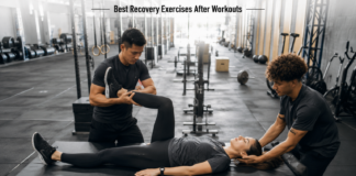 Fitness coaches helping an athlete perform recovery exercises after a workout in a professional gym.