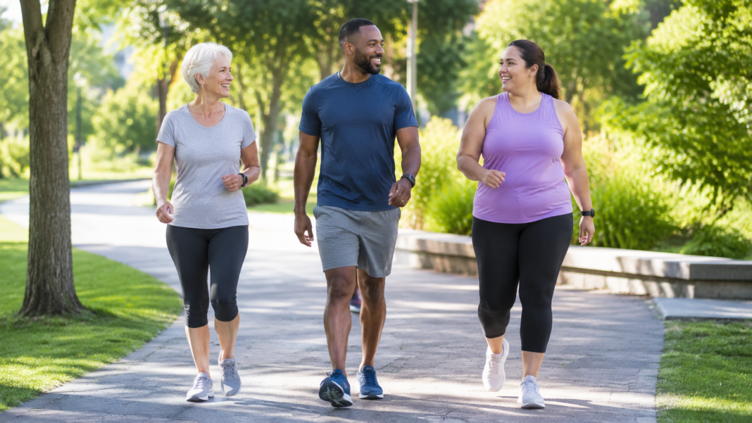 Adults starting a daily walking routine for better health and fitness