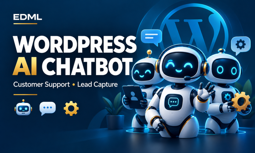Illustrated EDML WordPress AI chatbot promotion for customer support and lead capture