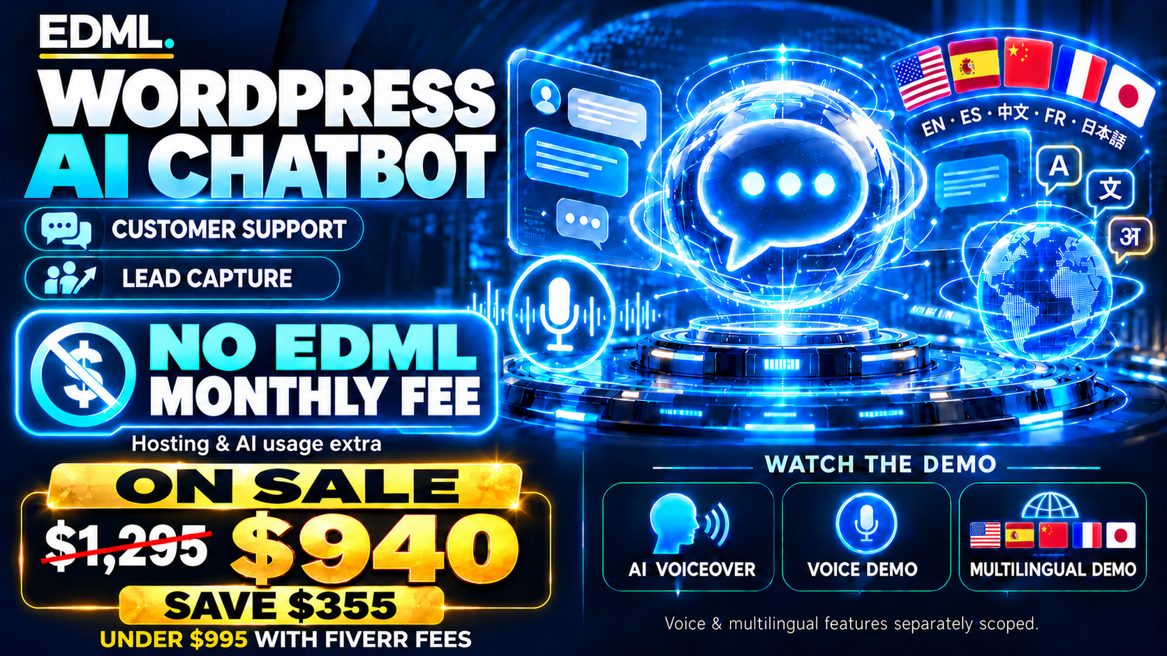 EDML AI chatbot: $940 one-time setup, no EDML monthly fee, with voice and multilingual options available